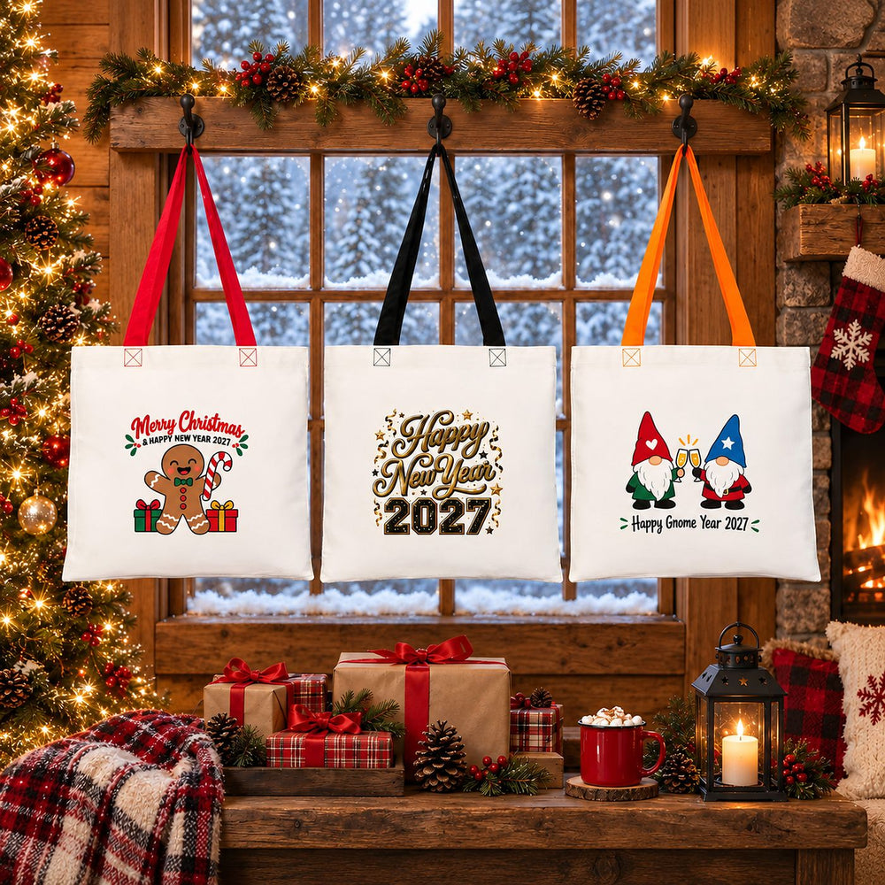 Three Christmas 2027 cotton tote bags with red, black and orange handles hanging in front of a snowy cabin window with gingerbread, gold Happy New Year 2027 and gnome prints