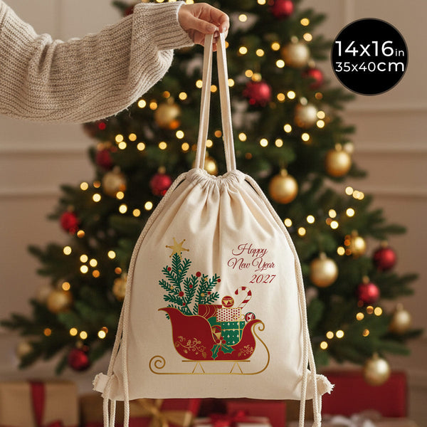 Kerst gymtas met trekkoord 35 × 40 cm – naturel katoen met trekkoord en Happy New Year 2027 slee-ontwerp – Pamusan.nl