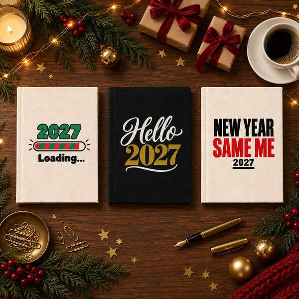 Three Christmas and New Year 2027 canvas notebooks, natural and black, with 2027 Loading, Hello 2027 and New Year Same Me prints on a festive planning desk