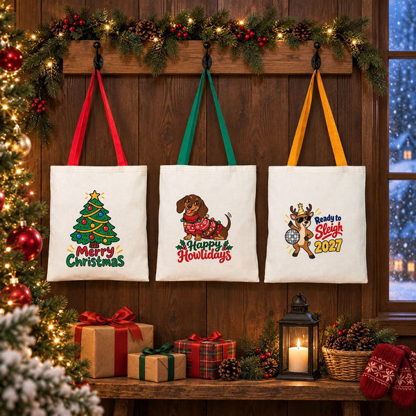 Christmas tote bags bulk: three natural cotton tote bags with red, green and mustard handles hanging on a walnut wall with Merry Christmas tree, Happy Howlidays dachshund and Ready to Sleigh 2027 prints