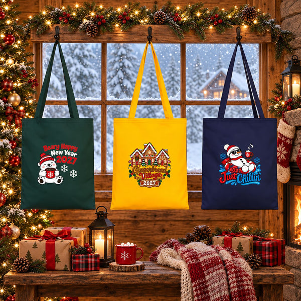 Three Christmas 2027 cotton gabardine tote bags in forest green, golden yellow and navy blue hanging in front of a snowy cabin window with polar bear, gingerbread village and snowman prints