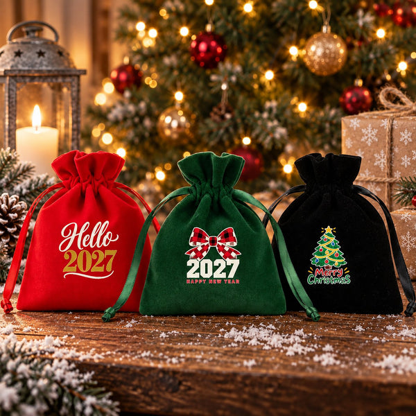 Three velvet drawstring gift pouches in red, green and black with gathered rose tops and satin ribbons, printed with Hello 2027, buffalo plaid bow 2027 and Merry Christmas tree designs, on a snowy rustic table in front of a lit Christmas tree