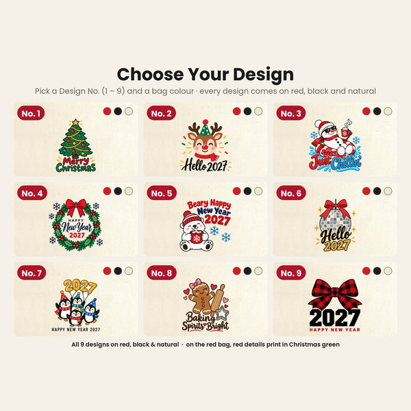 Design chart No. 1 to 9 for the Christmas and New Year 2027 drawstring bags, every design available on red, black and natural