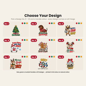 Design chart No. 1 to 9 for the Christmas and New Year 2027 cotton tote bags, every design available with red, green and mustard handles