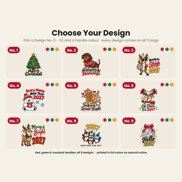 Design chart No. 1 to 9 for the Christmas and New Year 2027 cotton tote bags, every design available with red, green and mustard handles