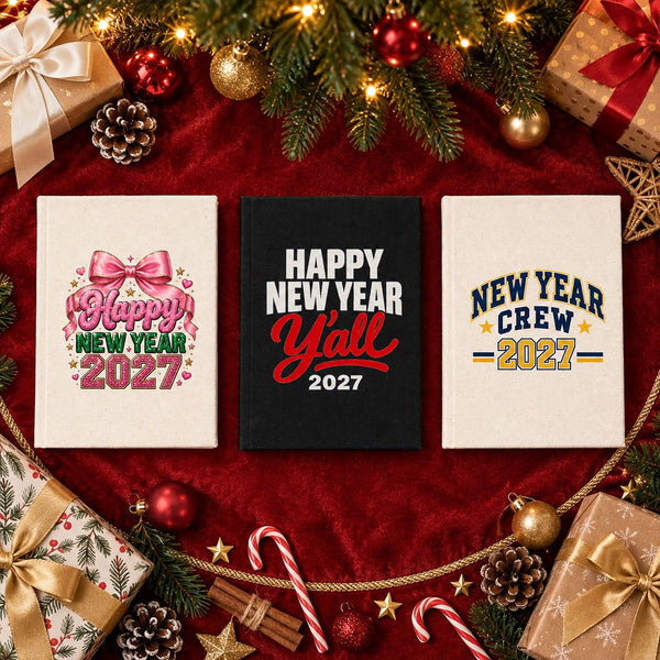 Three A5 canvas notebooks, natural and black, with pink bow Happy New Year 2027, Happy New Year Y'all and New Year Crew 2027 prints on a red velvet tree skirt among wrapped gifts
