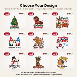 Design chart No. 1 to 9 for the Christmas and New Year 2027 clutch bags, every design available on red, green and white