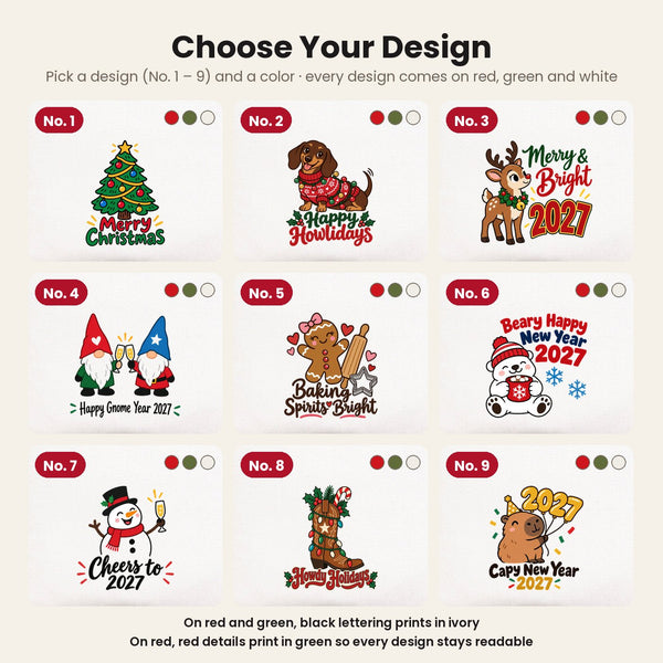 Design chart No. 1 to 9 for the Christmas and New Year 2027 clutch bags, every design available on red, green and white