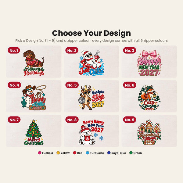 Design chart No. 1 to 9 for the Christmas and New Year 2027 clutch bags, every design available with all six zipper colours