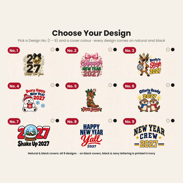 Design chart No. 1 to 9 for the Christmas and New Year 2027 canvas journals, every design available on a natural or black cover