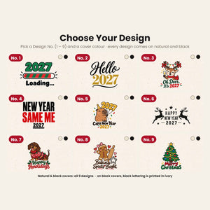 Design chart No. 1 to 9 for the Christmas and New Year 2027 canvas notebooks, every design available on a natural or black cover