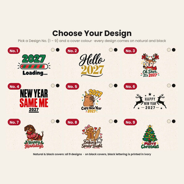 Design chart No. 1 to 9 for the Christmas and New Year 2027 canvas notebooks, every design available on a natural or black cover