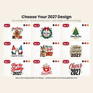 Design chart No. 1 to 9 for the Christmas and New Year 2027 tote bags, every design available with black, red and orange handles
