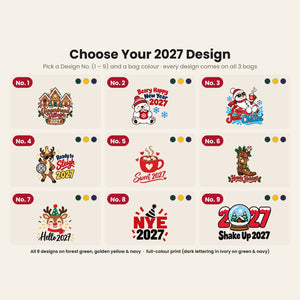 Design chart No. 1 to 9 for the Christmas and New Year 2027 tote bags, every design available in forest green, golden yellow and navy blue