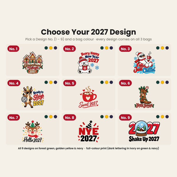 Design chart No. 1 to 9 for the Christmas and New Year 2027 tote bags, every design available in forest green, golden yellow and navy blue