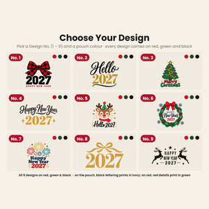Design chart No. 1 to 9 for the Christmas and New Year 2027 velvet pouches, every design available on red, green and black