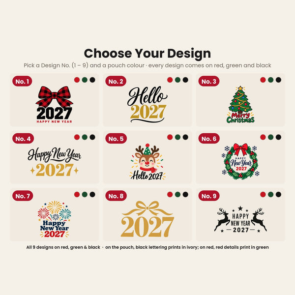 Design chart No. 1 to 9 for the Christmas and New Year 2027 velvet pouches, every design available on red, green and black