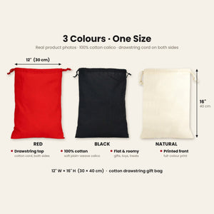 Real photos of the cotton drawstring bag in red, black and natural, 12 x 16 inches (30 x 40 cm), with a drawstring cord on both sides