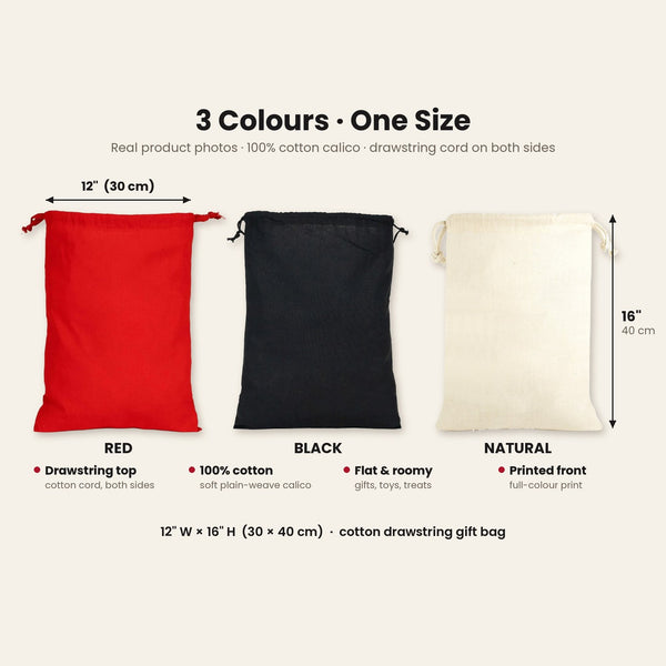 Real photos of the cotton drawstring bag in red, black and natural, 12 x 16 inches (30 x 40 cm), with a drawstring cord on both sides