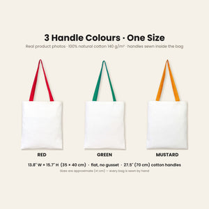 Real photos of the natural cotton tote bag with red, green and mustard handles, 13.8 x 15.7 inches (35 x 40 cm) with 27.5 inch handles