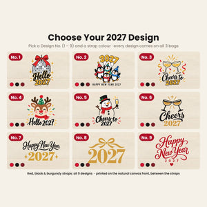 Design chart No. 1 to 9 for the 2027 New Year canvas tote bags, every design available with red, black and burgundy straps