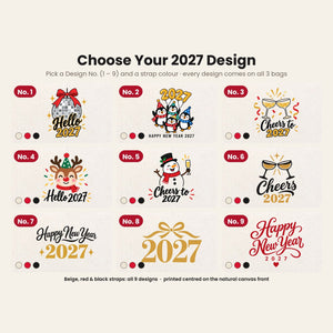 Design chart No. 1 to 9 for the 2027 New Year canvas tote bags, every design available with beige, red and black knitted straps