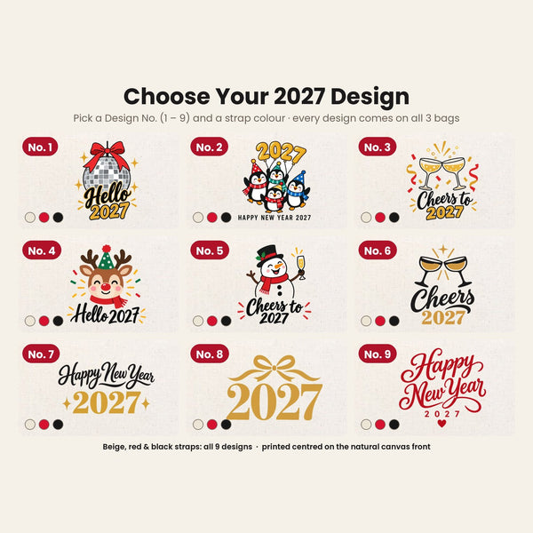 Design chart No. 1 to 9 for the 2027 New Year canvas tote bags, every design available with beige, red and black knitted straps