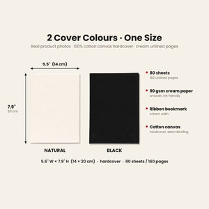 Real photos of the canvas hardcover notebook in natural and black, 5.5 x 7.9 inches (14 x 20 cm), 80 sheets of cream unlined 90 gsm paper with a ribbon bookmark