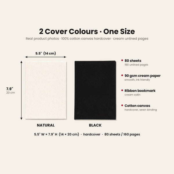 Real photos of the canvas hardcover notebook in natural and black, 5.5 x 7.9 inches (14 x 20 cm), 80 sheets of cream unlined 90 gsm paper with a ribbon bookmark