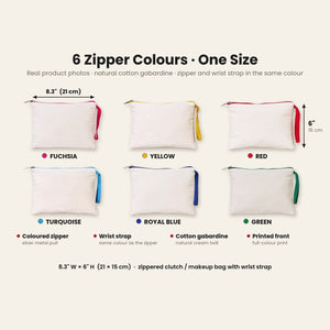 Real photos of the natural cotton clutch in six zipper colours with matching wrist straps, 8.3 x 6 inches (21 x 15 cm)
