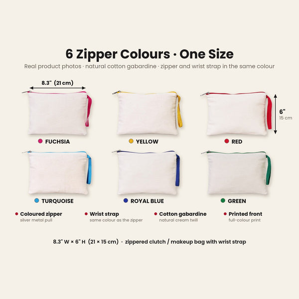 Real photos of the natural cotton clutch in six zipper colours with matching wrist straps, 8.3 x 6 inches (21 x 15 cm)