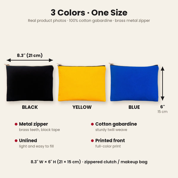 Real photos of the zippered clutch in black, yellow and royal blue, 8.3 x 6 inches (21 x 15 cm), cotton gabardine with a brass metal zipper