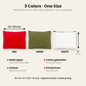 Real photos of the zippered clutch in red, olive green and white, 8.3 x 6 inches (21 x 15 cm), cotton gabardine with a brass metal zipper
