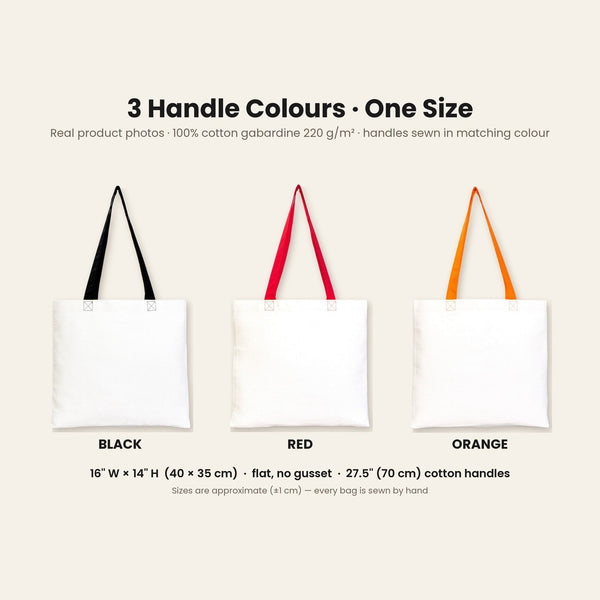 Real photos of the natural cotton gabardine tote bag with black, red and orange handles, 16 x 14 inches (40 x 35 cm) with 27.5 inch handles
