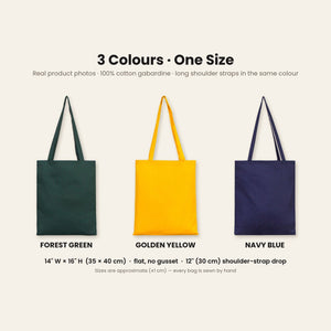 Real photos of the cotton gabardine tote bag in forest green, golden yellow and navy blue, 14 x 16 inches (35 x 40 cm) with a 12 inch shoulder strap drop