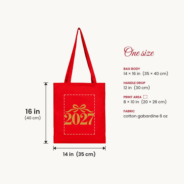 Red cotton gabardine tote bag size guide: 14 x 16 in (35 x 40 cm) body, 12 in (30 cm) handle drop and a dashed 8 x 10 in (20 x 26 cm) print area