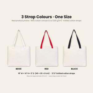 Real photos of the large natural canvas tote bag with beige, red and black knitted straps, 18 x 14 x 3 inches (45 x 35 x 8 cm) with 27.5 inch straps