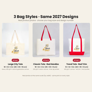Three canvas tote bag styles side by side: Large City tote 18x14x4 in, classic tote with red handles 18x14x3 in, trend tote with red trim 16x14x5 in