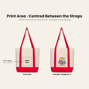 Print area of 5.7 x 6.1 inches (14.5 x 15.5 cm) centred between the straps on the natural canvas front, with an example penguin 2027 print