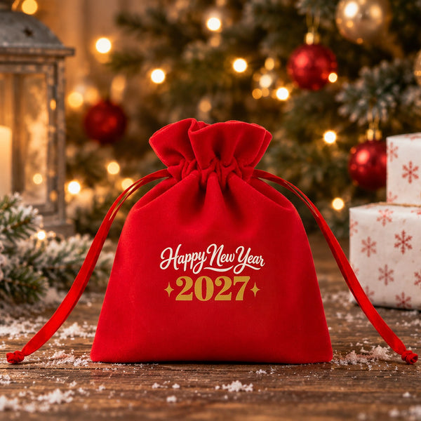 Red velvet drawstring pouch printed with a gold Happy New Year 2027 design on a snowy walnut table with a candle lantern, gift boxes and a lit Christmas tree