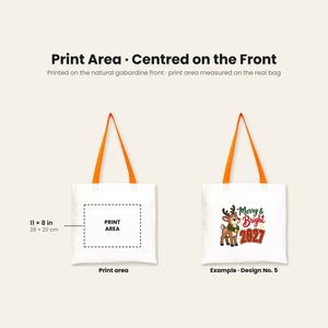 Print area of up to 11 x 8 inches (28 x 20 cm) centred on the natural gabardine front, with an example reindeer Merry and Bright 2027 print
