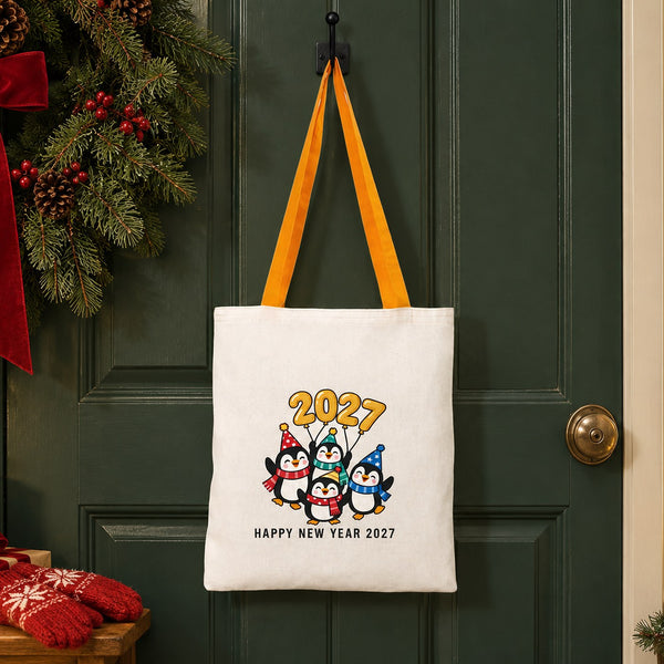 Mustard handle cotton tote bag with a Happy New Year 2027 penguins print hanging on a green front door beside a Christmas wreath