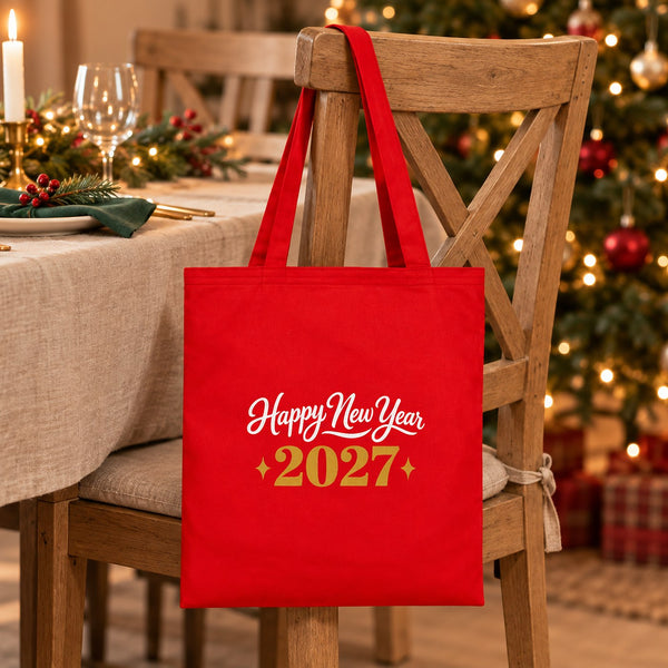 Red cotton gabardine tote bag with an ivory and gold Happy New Year 2027 print hanging on a chair at a Christmas table