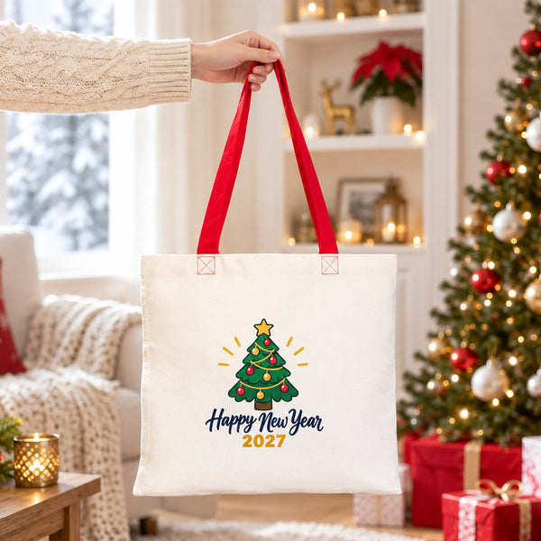 Hand lifting a cotton tote bag with red handles and a Christmas tree Happy New Year 2027 print in a bright Christmas living room
