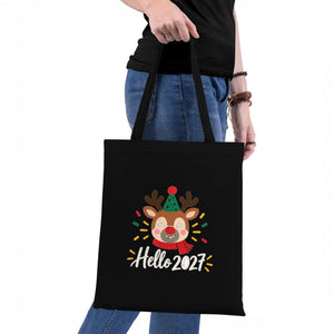 Black cotton gabardine tote bag with a Hello 2027 reindeer print held by its straps