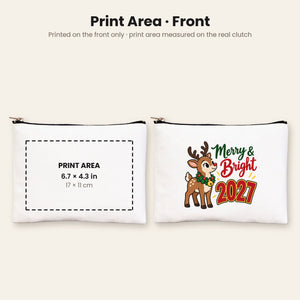 Print area of up to 6.7 x 4.3 inches (17 x 11 cm) centred on the front of the clutch, with an example Merry and Bright 2027 reindeer print
