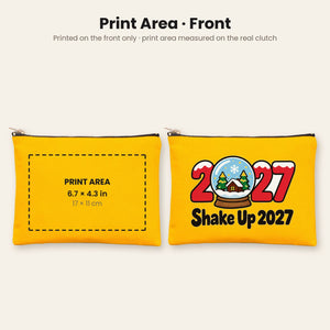 Print area of up to 6.7 x 4.3 inches (17 x 11 cm) centred on the front of the clutch, with an example Shake Up 2027 snow globe print