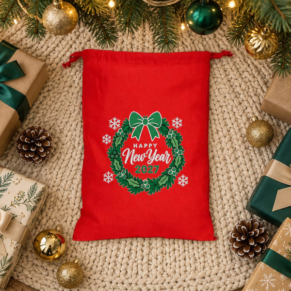 Red drawstring gift bag with a Happy New Year 2027 holly wreath print lying on a cream knit tree skirt among wrapped presents under the Christmas tree