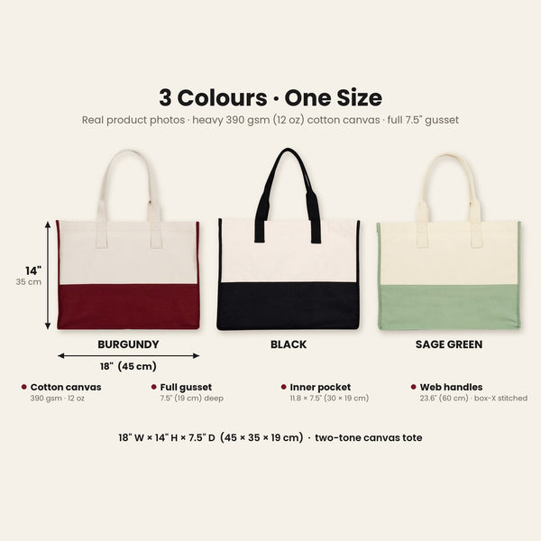 Real photos of the Elite canvas tote in burgundy, black and sage green, 18 x 14 x 7.5 inches (45 x 35 x 19 cm), 390 gsm cotton canvas with an inner pocket