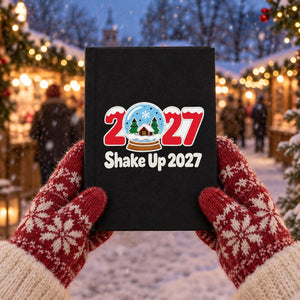 Hands in knitted mittens holding a black canvas notebook with a Shake Up 2027 snow globe print at a snowy Christmas market, showing the real size